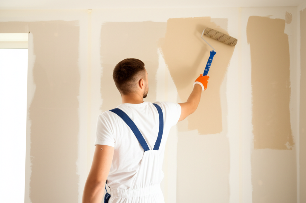 Professional painter applying paint to finished drywall