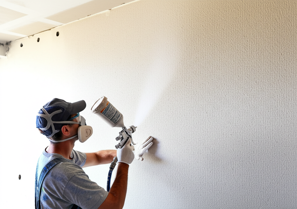 Worker applying texture to wall