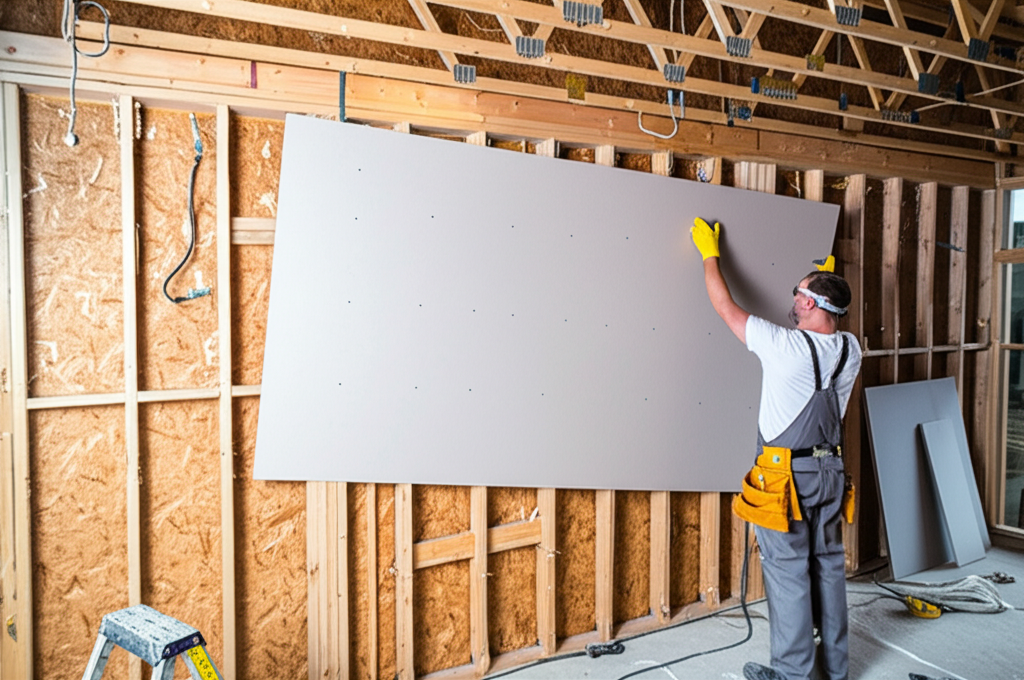 Professional installing new drywall