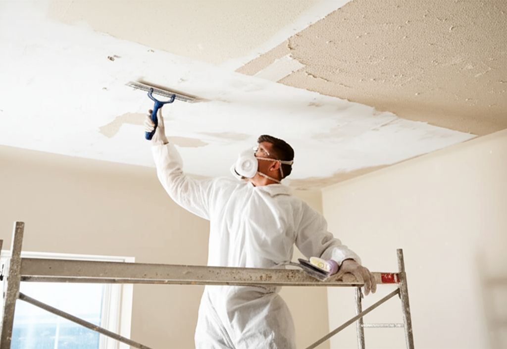 Worker removing popcorn ceiling