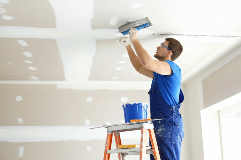 Worker repairing ceiling